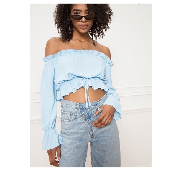 𝅺Revolve Superdown Keysha Blue Off Shoulder Ruffle Top Size Medium - Picture 1 of 9
